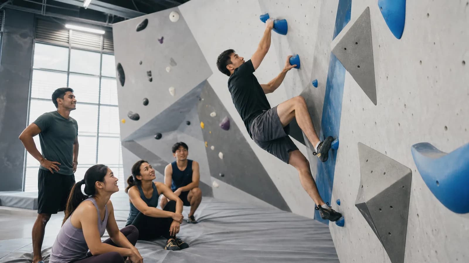 Climber on a bouldering route while friends observe in a Singapore climbing gym