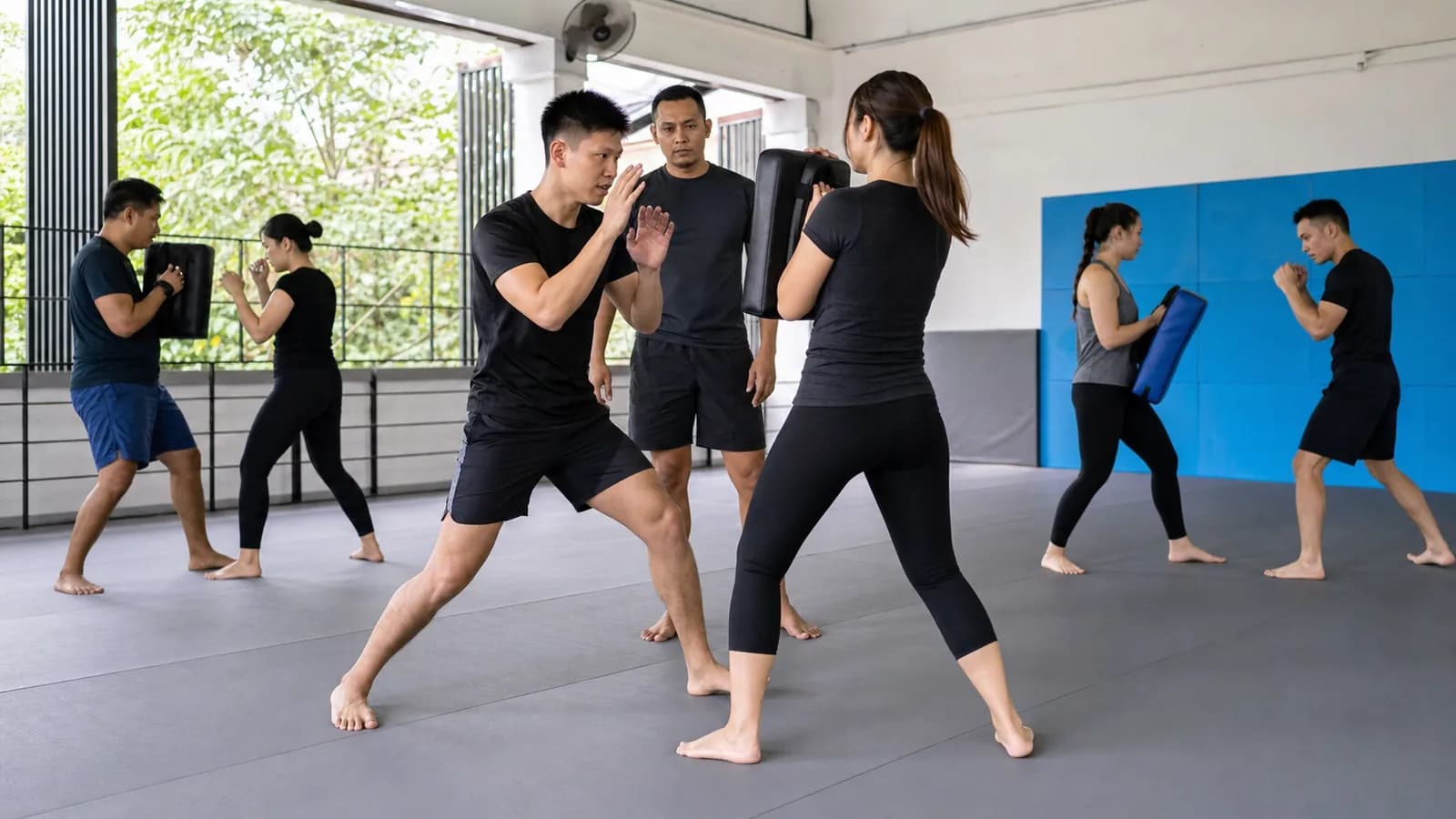 Adults practising controlled martial arts pad drills under a coach in Singapore