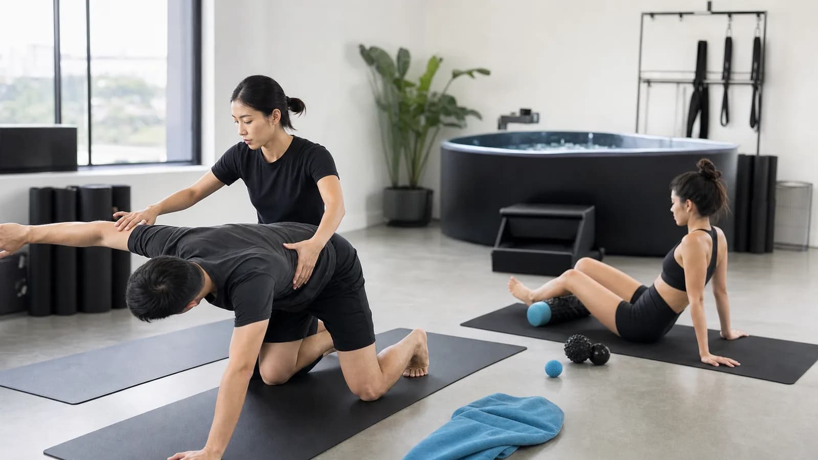 Coach guiding mobility work in a practical Singapore recovery studio