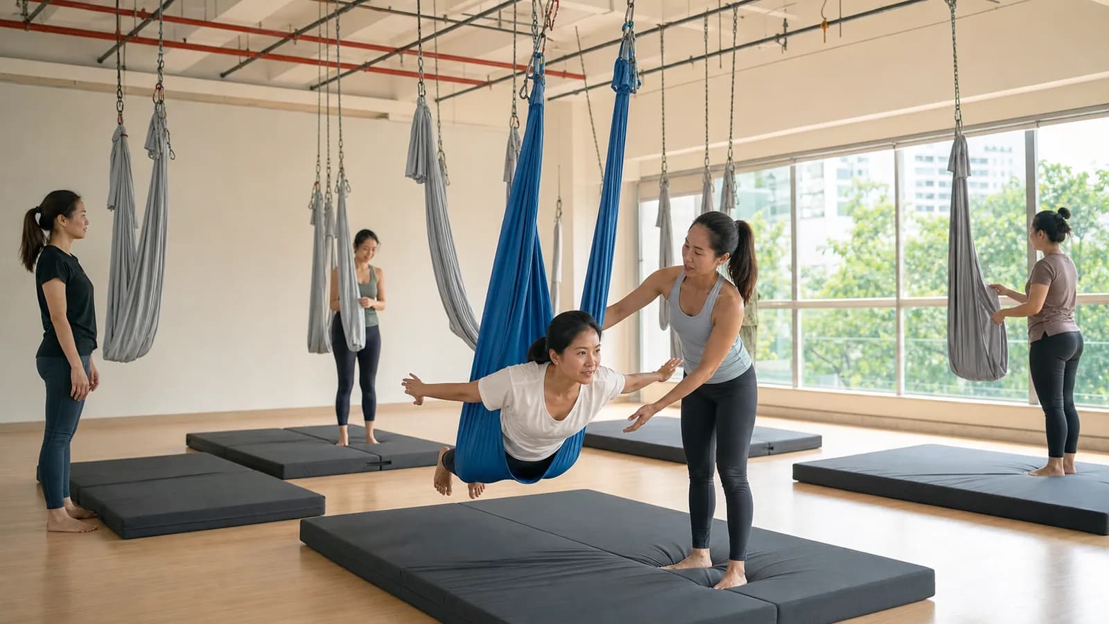 Instructor spotting a beginner during an aerial hammock class in a bright Singapore studio